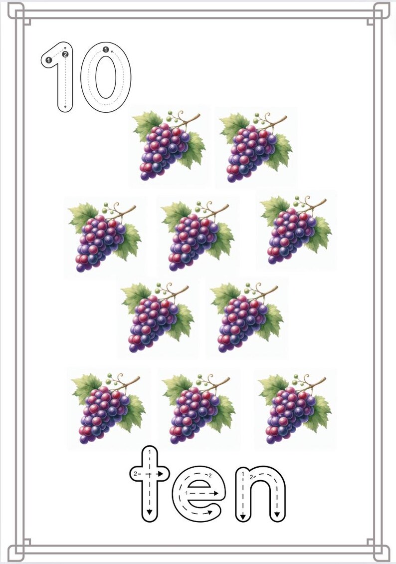 Puede incluir: Una hoja de trabajo imprimible para que los ni&ntilde;os aprendan el n&uacute;mero 10. La hoja de trabajo presenta un gran n&uacute;mero 10 con l&iacute;neas punteadas para trazar, y diez racimos de uvas. La palabra "diez" est&aacute; escrita debajo de las uvas con l&iacute;neas punteadas para trazar.
