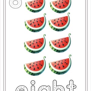 Puede incluir: Una hoja de trabajo para aprender a contar y escribir el n&uacute;mero ocho. El n&uacute;mero ocho est&aacute; escrito en una l&iacute;nea punteada para trazar. Hay ocho rebanadas de sand&iacute;a ilustradas.