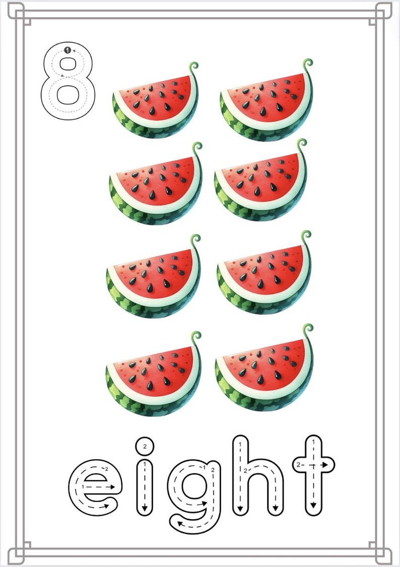 Puede incluir: Una hoja de trabajo para aprender a contar y escribir el n&uacute;mero ocho. El n&uacute;mero ocho est&aacute; escrito en una l&iacute;nea punteada para trazar. Hay ocho rebanadas de sand&iacute;a ilustradas.