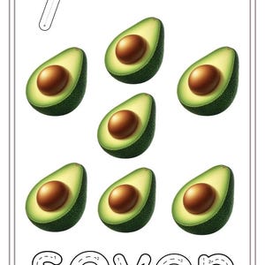 Puede incluir: Una hoja de trabajo para aprender a contar con el n&uacute;mero siete. El n&uacute;mero siete est&aacute; escrito en una l&iacute;nea punteada para trazar. Hay siete mitades de aguacate dispuestas en una fila.