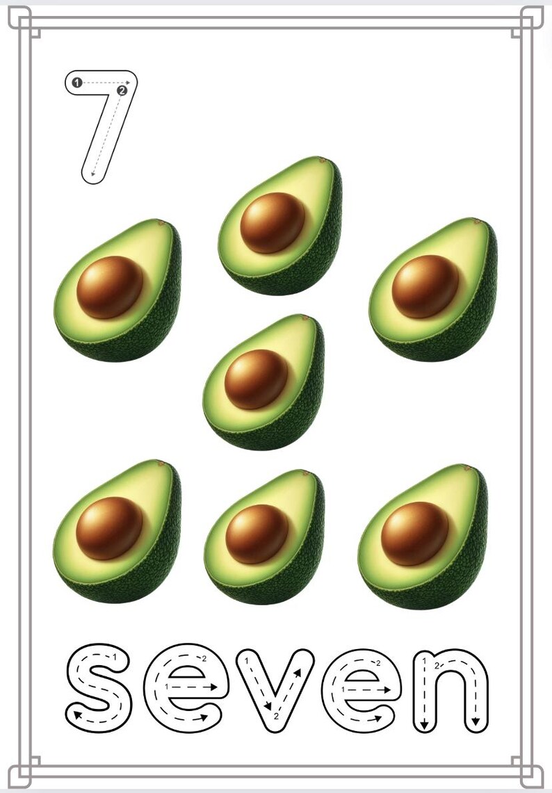 Puede incluir: Una hoja de trabajo para aprender a contar con el n&uacute;mero siete. El n&uacute;mero siete est&aacute; escrito en una l&iacute;nea punteada para trazar. Hay siete mitades de aguacate dispuestas en una fila.