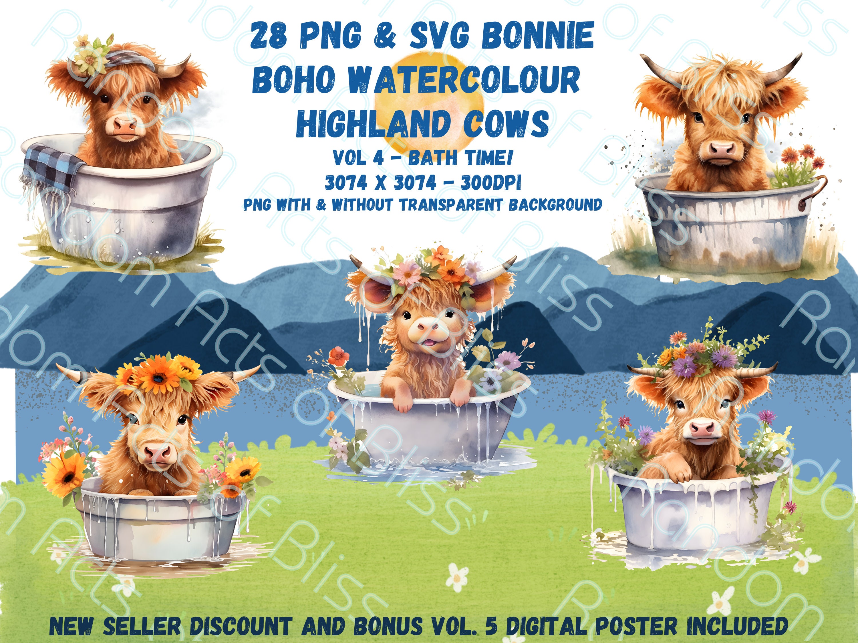 Vol.4 Baby Bath Time 28 Bonnie Highland Cow Calf 3074px PNG & SVG,  Watercolour Boho Clipart, Baby Shower, Sublimation Clip Art Bundle - Etsy