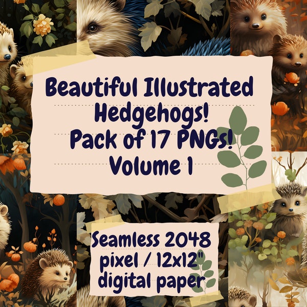 Hedgehog Woodland Themed Seamless Digital Paper PNGs -Volume 1- Set of 17 (2048 Pixel, 12x12") Perfect for Art, Crafts, Scrapbooking & More