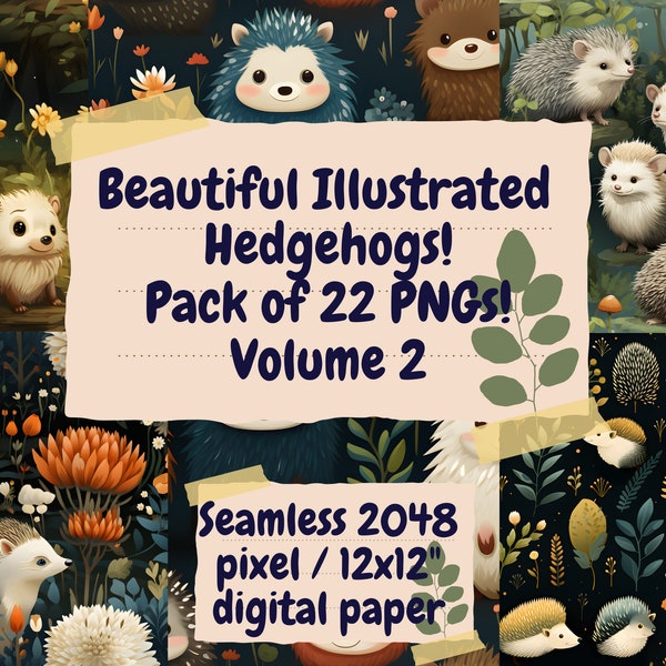 Hedgehog Woodland Themed Seamless Digital Paper PNGs -Volume 2- Set of 22 (2048 Pixel, 12x12") Perfect for Art, Crafts, Scrapbooking & More