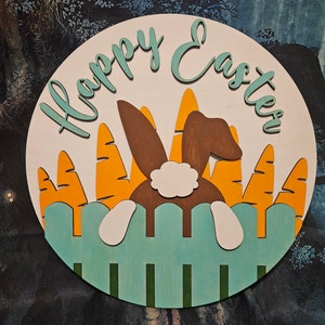 Happy Easter bunny tail carrots fence wood door hanger or front porch sign
