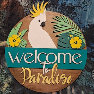 Jungle Theme Welcome Sign with Cockatoo: Tropical Door Decor