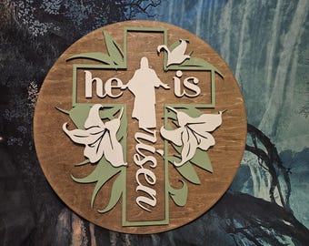 He Is Risen Easter Wood Door Hanger: Religious Christian Decor