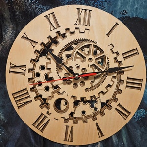 Beautiful 12 inch Steampunk wood mandala clock with gears and roman numerals