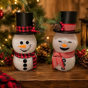 Lighted Glass Snowman Snowlady Couple Christmas Holiday Decor, Tabletop Ornaments