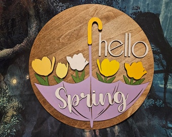 Hello Spring door hanger sign with an umbrella holding spring flowers