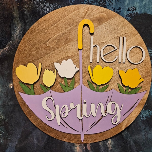 Hello Spring door hanger sign with an umbrella holding spring flowers