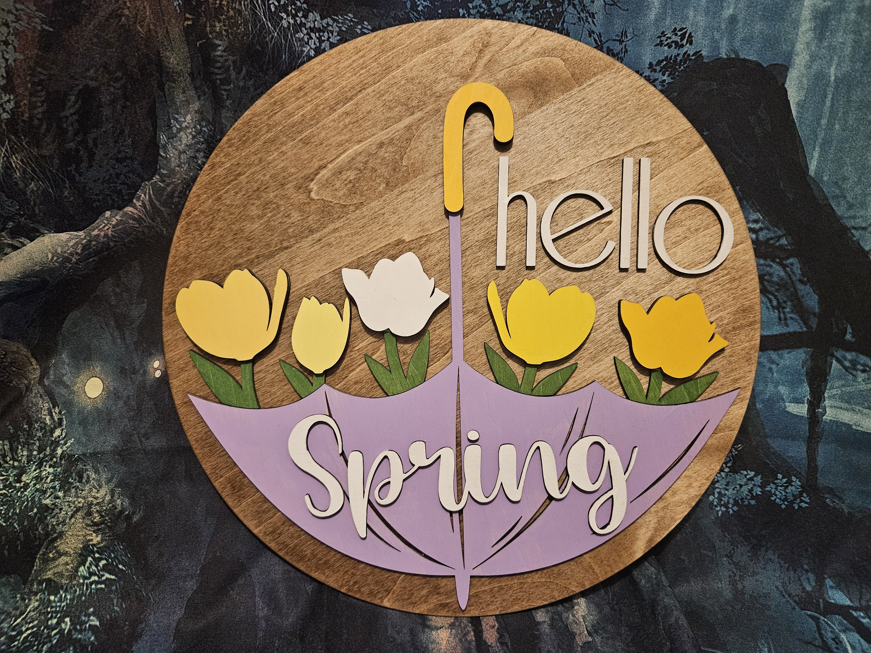Hello Spring Flower Sign Hello Spring Door Hanger Sign With a Purple Umbrella Holding Spring ...
