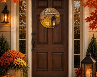 Hello Autumn Wood Sign: Fall Pumpkin, Lantern Door Hanger