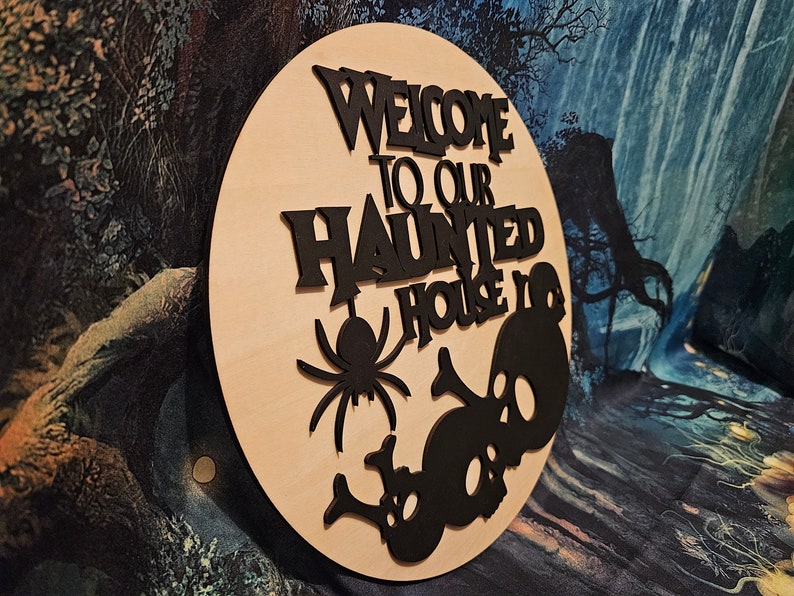 Halloween Door Hanger: Welcome to Our Haunted House Wood Sign - Etsy
