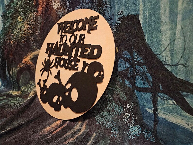 Halloween Door Hanger: Welcome to Our Haunted House Wood Sign - Etsy