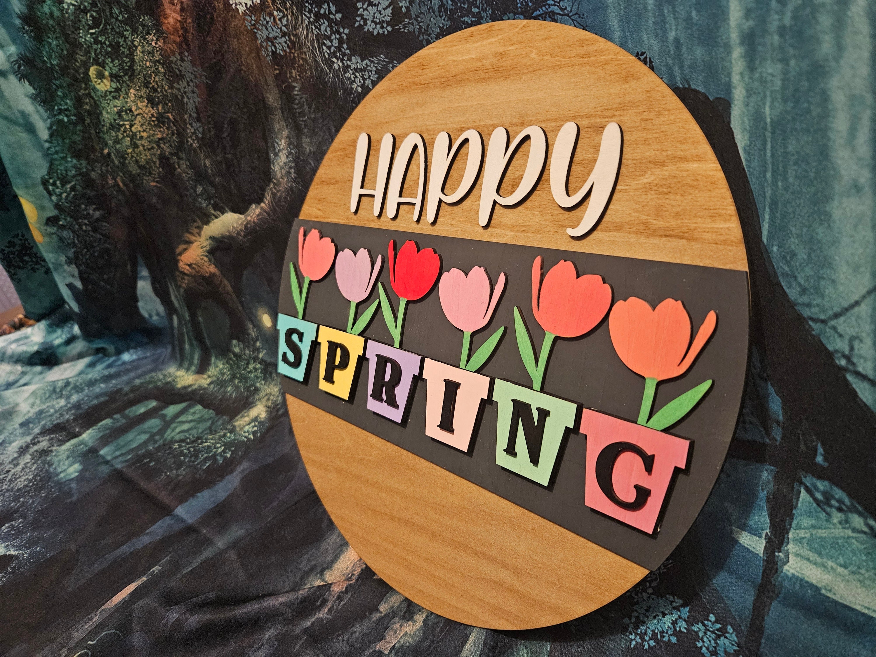 Happy Spring Door Hanger Sign With Potted Flowers Holding the Letters ...