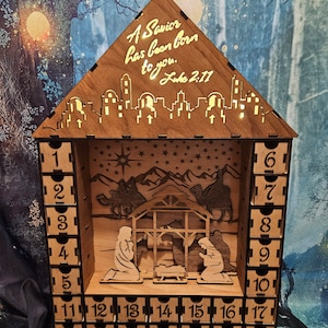 Lighted Nativity Advent Calendar: Wooden Christmas Countdown with Drawers