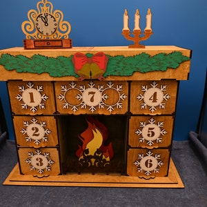 Rustic Christmas Decor: Wooden Fireplace Advent Calendar with Mantle and Seven Drawers