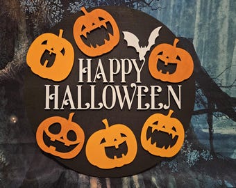 Happy Halloween wood front door decoration hanger or front porch sign.