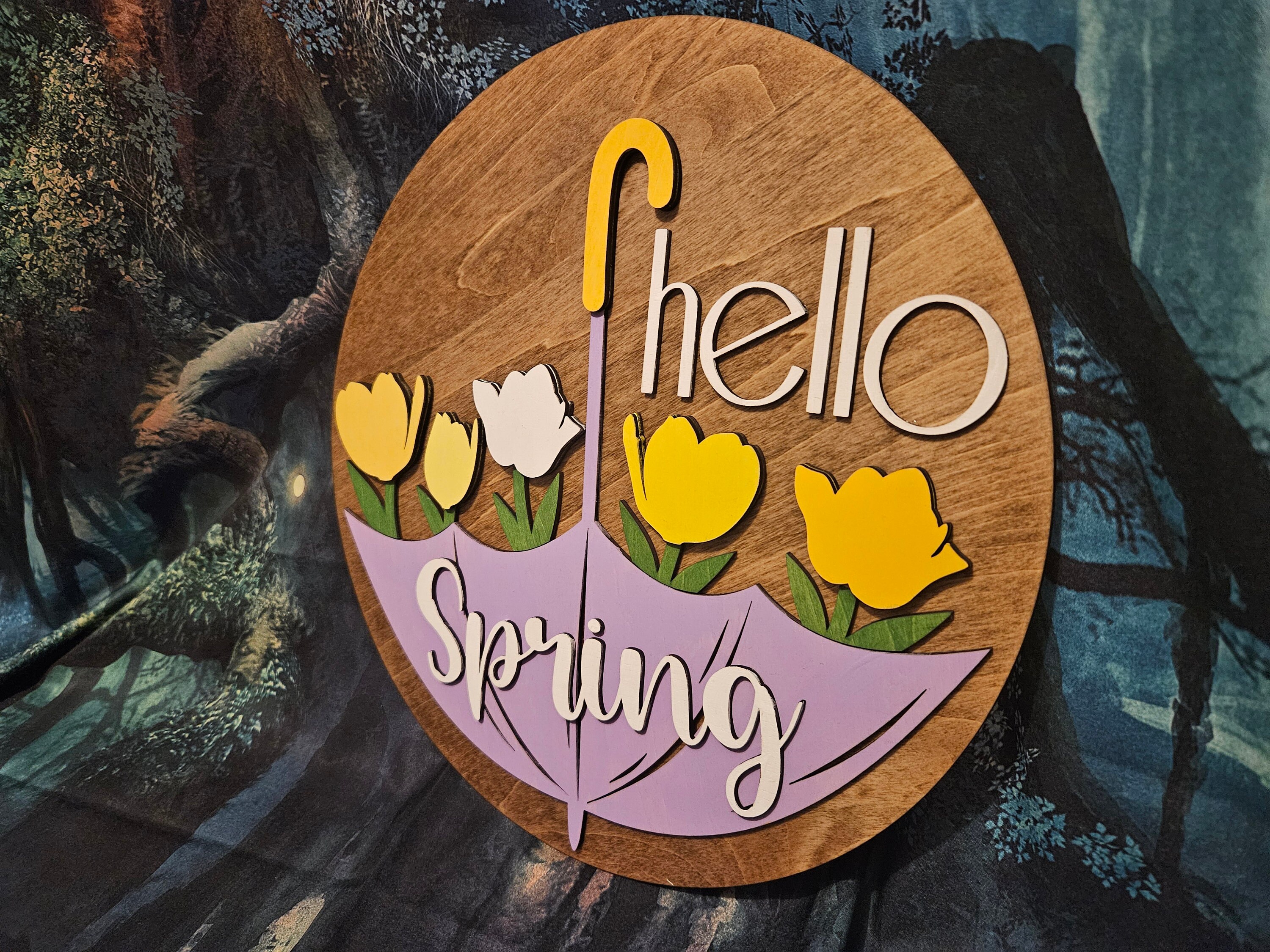 Hello Spring Flower Sign Hello Spring Door Hanger Sign With a Purple Umbrella Holding Spring ...