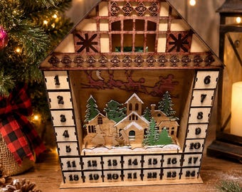 Large lighted Christmas advent calendar with 24 drawers to hide treats for each day!
