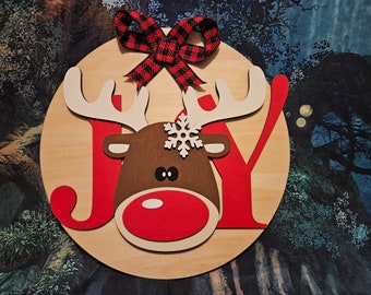 Rudolph Christmas Door Hanger: JOY Holiday Wood Decoration