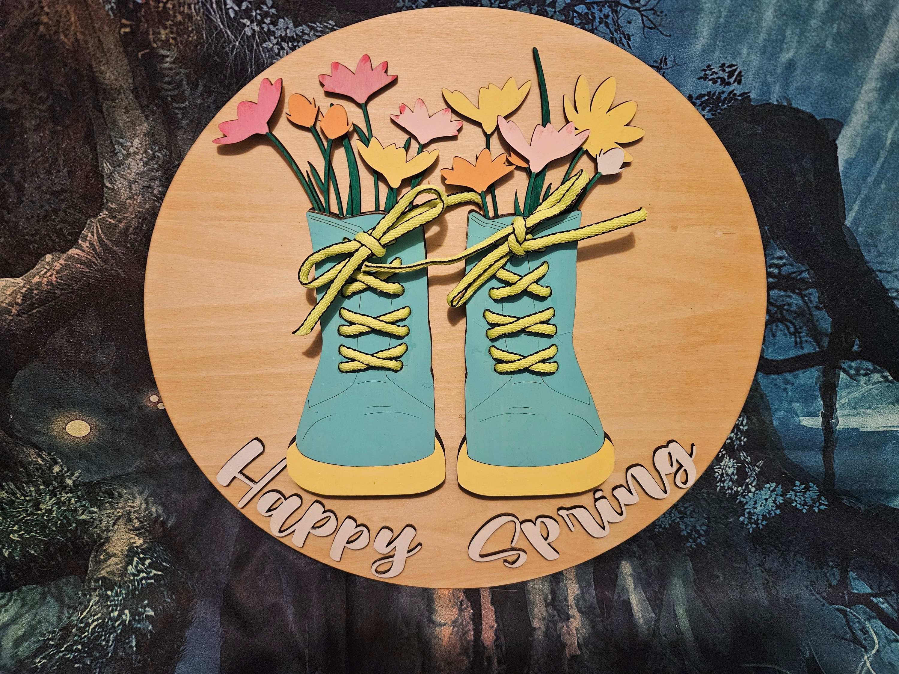 Happy Spring Door Hanger Sign With Gardening Boots With Real Shoelaces ...