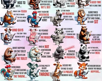 Funny Animal on Toilet Quotes, Animal Png Bundle, Sarcastic Animal Quotes, Funny Quote PNP, Sarcastic Animal PNG, Funny Animal Sublimations