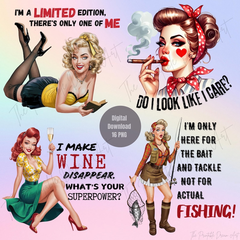 Retro Sarcastic Women Bundle of 16 PNG, Sarcastic Retro Housewife, PNG Bundle, Print On Demand, Digital Download, Sarcastic Retro women image 2
