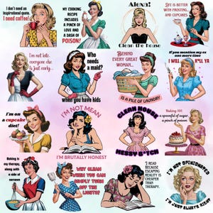 Retro Sarcastic Women Bundle of 16 PNG, Sarcastic Retro Housewife, PNG Bundle, Digital File, Print On Demand, Digital Sarcastic Retro women