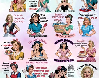 Peut inclure: Une collection de 12 images numériques imprimables colorées mettant en scène des illustrations rétro de femmes avec des dictons humoristiques sur le nettoyage, la cuisine et les relations. Les images sont dans un style bande dessinée avec des contours gras et des couleurs vives.