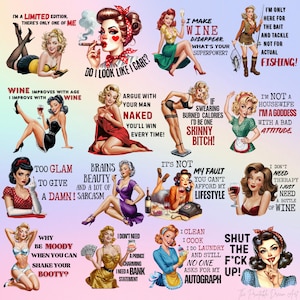 Retro Sarcastic Women Bundle of 16 PNG, Sarcastic Retro Housewife, PNG Bundle, Print On Demand, Digital Download, Sarcastic Retro women image 1