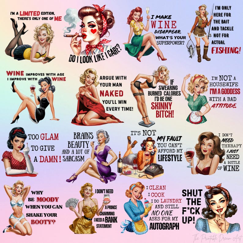 Retro Sarcastic Women Bundle of 16 PNG, Sarcastic Retro Housewife, PNG Bundle, Print On Demand, Digital Download, Sarcastic Retro women image 1