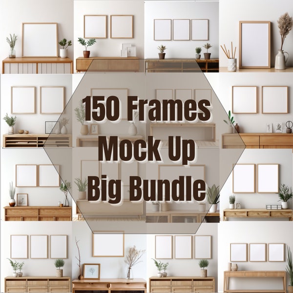 150 Wooden Frame Mockup Bundle, Wall Art Poster Mockup, Gallery Wall Frame Art Print Mockup, Wall Art Mockup, PNG and JPG Digital Download