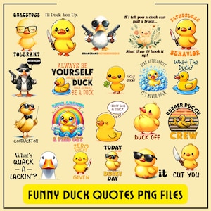 Puede incluir: Una colección de 20 imágenes digitales con patos de dibujos animados con frases divertidas. Los patos están en varias poses y llevan gafas de sol, sombreros y otros accesorios. Algunas de las frases incluyen "I'll Duck You Up", "What's Quack - A - Lackin'?", "Duck Off", y "Cut You".