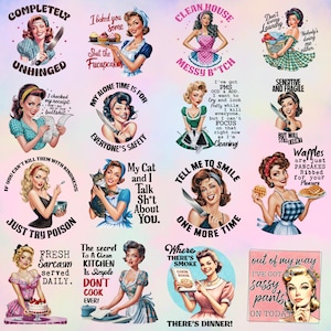 Retro Women Bundle of 16 PNG, Sarcastic Retro Housewife, PNG Bundle, Digital File, Print On Demand, Digital Download, Sarcastic Retro women