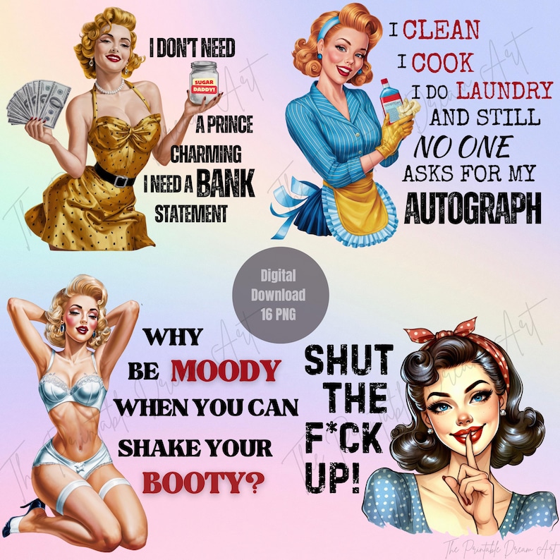 Retro Sarcastic Women Bundle of 16 PNG, Sarcastic Retro Housewife, PNG Bundle, Print On Demand, Digital Download, Sarcastic Retro women image 5