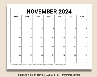 Calendario imprimible de noviembre de 2024, calendario mensual del planificador de otoño en blanco mínimo para niños, escuela, hogar, oficina y trabajo, descarga instantánea