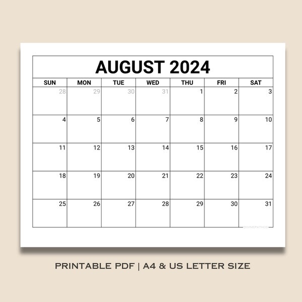 Printable August 2024 Calendar, Minimal Blank Summer Planner Monthly Schedule for Kids, School, Home, Office & Work, Instant Download