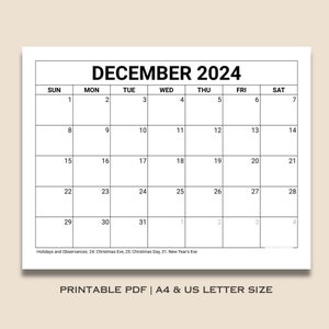 Printable December 2024 Calendar, Minimal Blank Winter Planner Monthly Schedule for Kids, School, Home, Office & Work, Instant Download