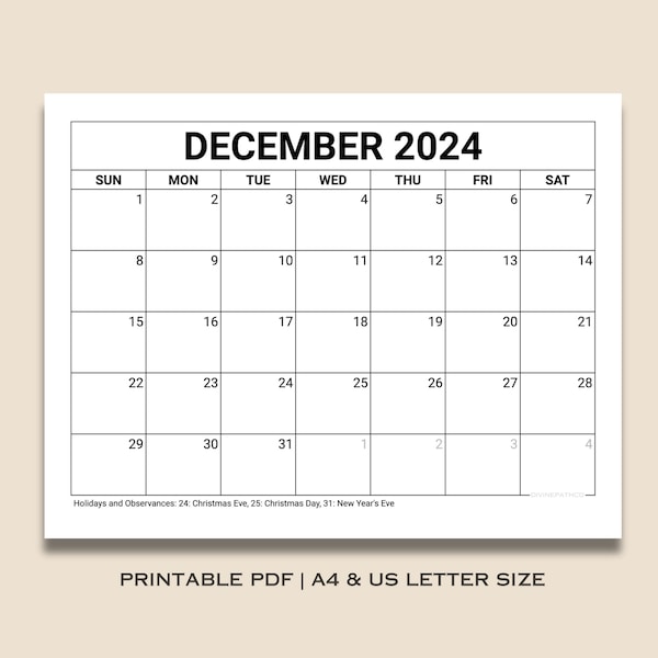 Printable December 2024 Calendar, Minimal Blank Winter Planner Monthly Schedule for Kids, School, Home, Office & Work, Instant Download