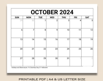 Calendario imprimible de octubre de 2024, calendario mensual mínimo del planificador de otoño en blanco para niños, escuela, hogar, oficina y trabajo, descarga instantánea