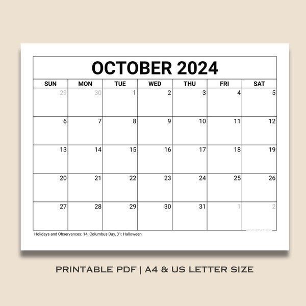 Druckbarer Kalender für Oktober 2024, minimaler leerer Herbstplaner, monatlicher Zeitplan für Kinder, Schule, Zuhause, Büro und Arbeit, sofortiger Download