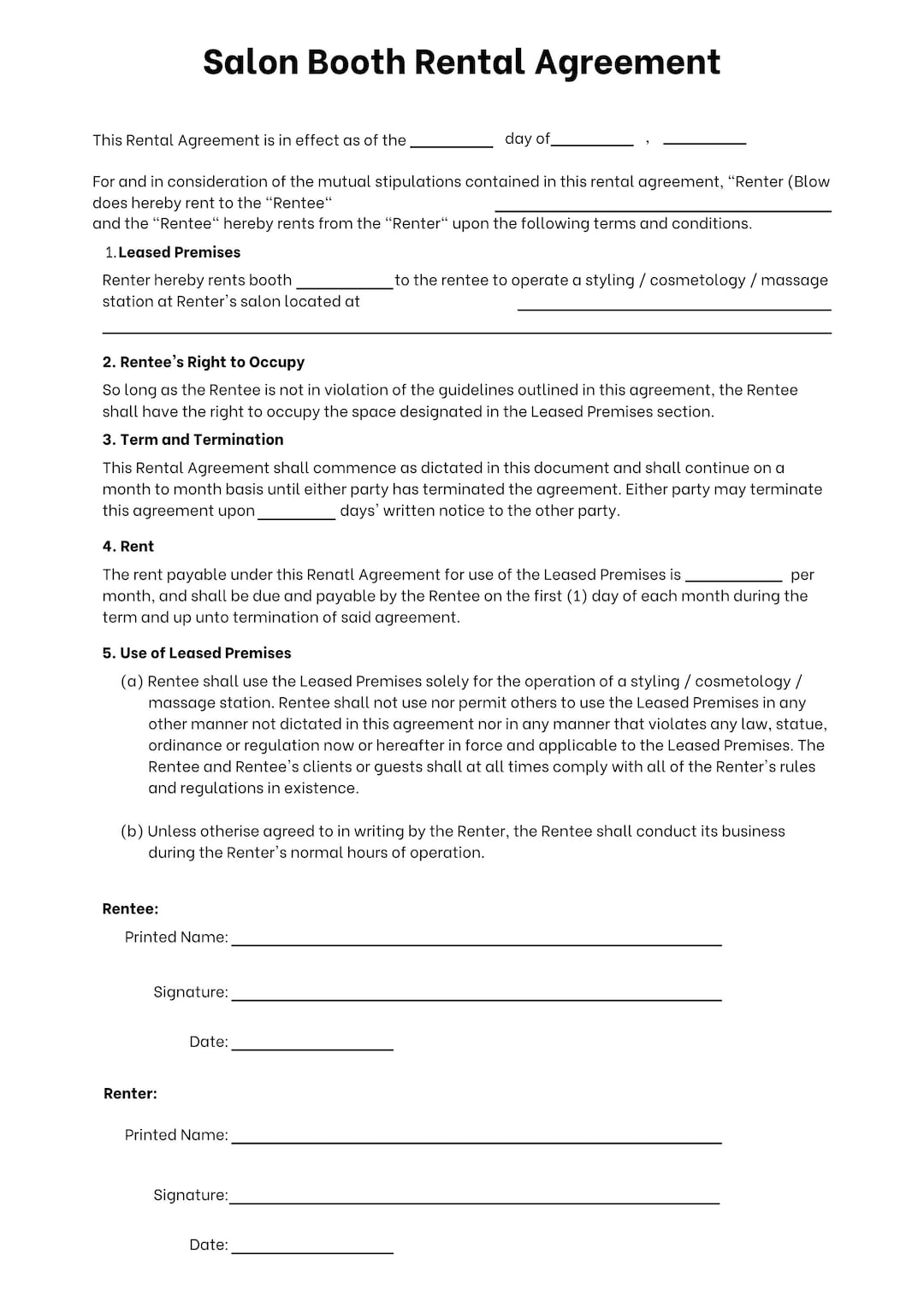 Salon Booth Rental Agreement - Etsy