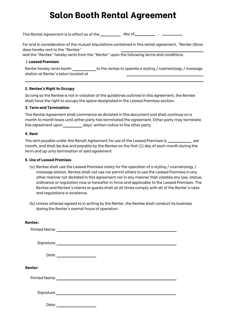 Salon Booth Rental Agreement - Etsy