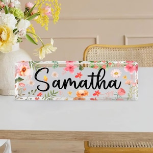 Plaque signalétique personnalisée fleur pour bureau, plaque acrylique personnalisée, cadeau pour collègues enseignants, décoration de bureau, plaque signalétique de bureau, plaque nominative de bureau