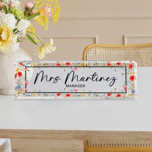 Floral Manager Desk Name Plate, Personalized Acrylic Plaque Sign, School Manager Acrylic Block, Manager Gift,Custom Desk Sign,Teacher Gifts