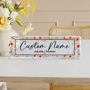 Plaque signalétique personnalisée fleur pour bureau, plaque acrylique personnalisée, cadeau pour collègues enseignants, décoration de bureau, plaque signalétique de bureau, plaque nominative de bureau