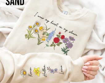 Personalized Birth Flower Shirt, I Wear My Heart On My Sleeve Shirt, Birth Month Flower Shirt, Custom Mama & Grandma Shirt With Kids Names