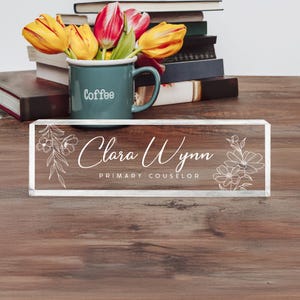 Personalized Floral Desk Name Acrylic, Custom Office Plate with Name and Position, Floral Name Sign Acrylic Plaque, Gift for Graduation